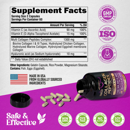 Multi Collagen Peptides - Hydrolyzed Types I, II, III, V & X - Collagen Supplement for Women 1300mg - w/ Hyaluronic Acid, Vitamins C & E - Skin, Hair, Nails & Joint Support - Made in USA, 120 Capsules - dailyvitalstore