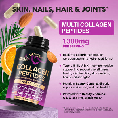 Multi Collagen Peptides - Hydrolyzed Types I, II, III, V & X - Collagen Supplement for Women 1300mg - w/ Hyaluronic Acid, Vitamins C & E - Skin, Hair, Nails & Joint Support - Made in USA, 120 Capsules - dailyvitalstore