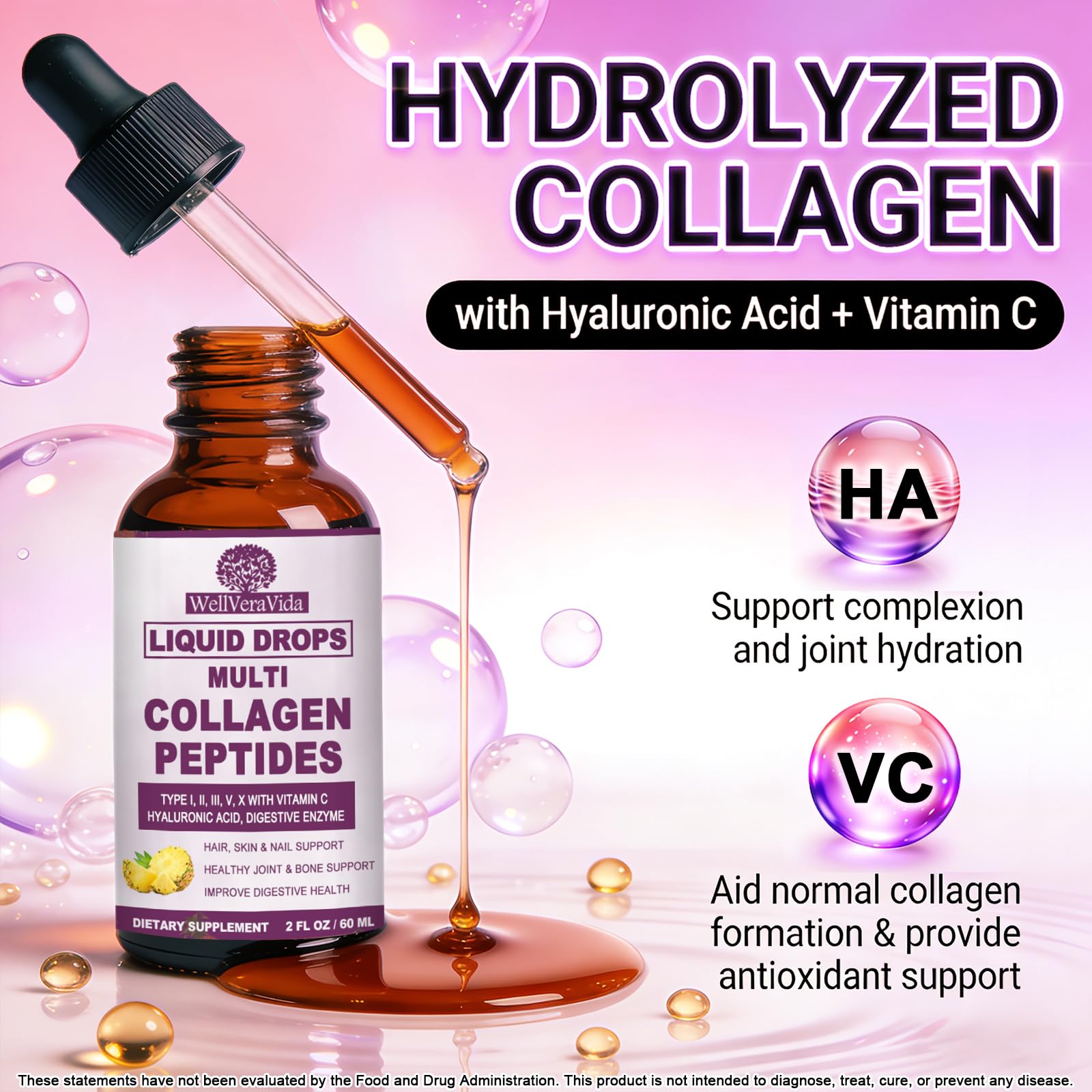Multi Collagen Peptides Liquid Drops, 2oz – Types I, II, III, V, X, Hydrolyzed Collagen Complex for Hair, Skin, Nails, Bones & Joint Support | Collagen Supplement w. Hyaluronic Acid, Biotin, Vitamin C - dailyvitalstore