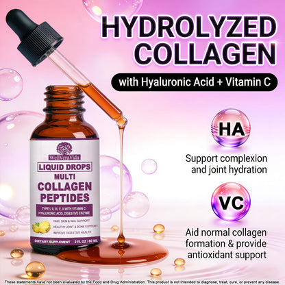 Multi Collagen Peptides Liquid Drops, 2oz – Types I, II, III, V, X, Hydrolyzed Collagen Complex for Hair, Skin, Nails, Bones & Joint Support | Collagen Supplement w. Hyaluronic Acid, Biotin, Vitamin C - dailyvitalstore