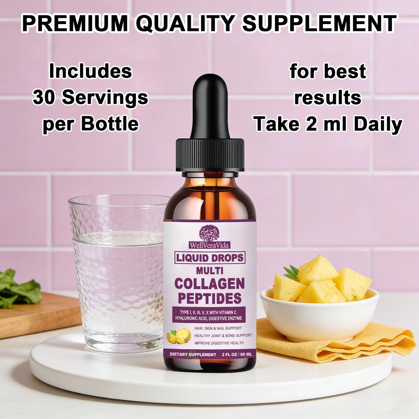 Multi Collagen Peptides Liquid Drops, 2oz – Types I, II, III, V, X, Hydrolyzed Collagen Complex for Hair, Skin, Nails, Bones & Joint Support | Collagen Supplement w. Hyaluronic Acid, Biotin, Vitamin C - dailyvitalstore