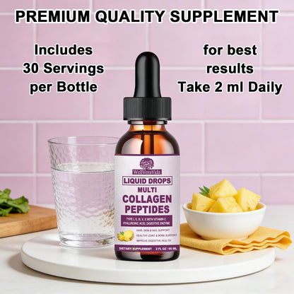 Multi Collagen Peptides Liquid Drops, 2oz – Types I, II, III, V, X, Hydrolyzed Collagen Complex for Hair, Skin, Nails, Bones & Joint Support | Collagen Supplement w. Hyaluronic Acid, Biotin, Vitamin C - dailyvitalstore