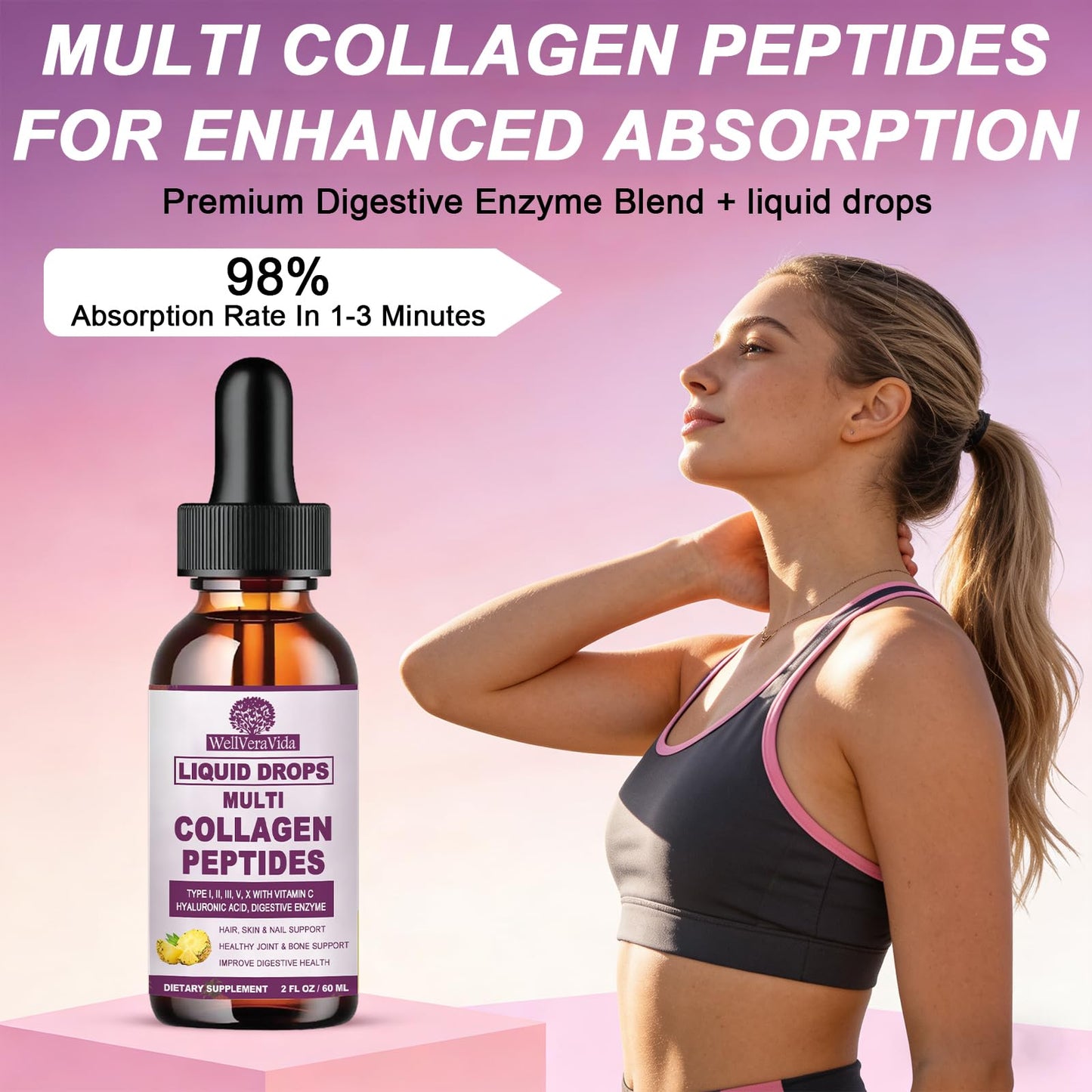Multi Collagen Peptides Liquid Drops, 2oz – Types I, II, III, V, X, Hydrolyzed Collagen Complex for Hair, Skin, Nails, Bones & Joint Support | Collagen Supplement w. Hyaluronic Acid, Biotin, Vitamin C - dailyvitalstore