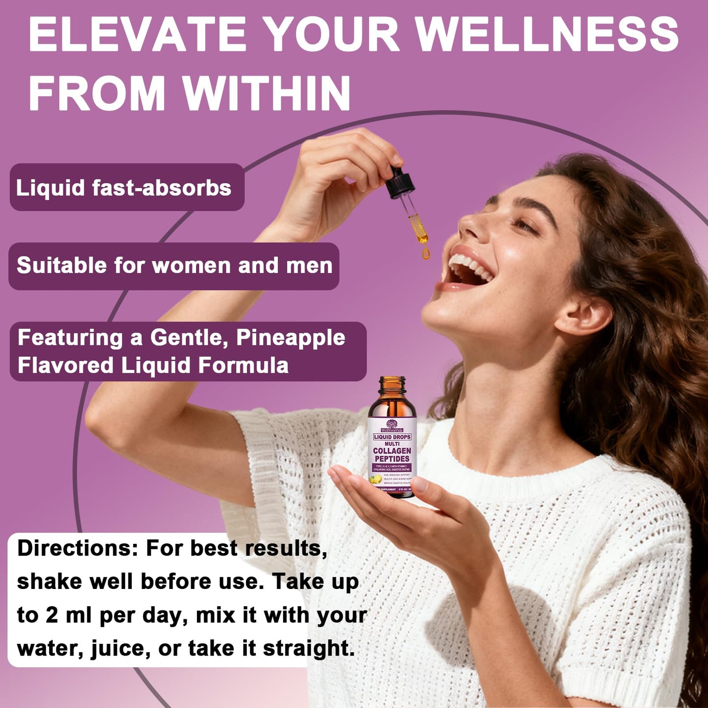 Multi Collagen Peptides Liquid Drops, 2oz – Types I, II, III, V, X, Hydrolyzed Collagen Complex for Hair, Skin, Nails, Bones & Joint Support | Collagen Supplement w. Hyaluronic Acid, Biotin, Vitamin C - dailyvitalstore