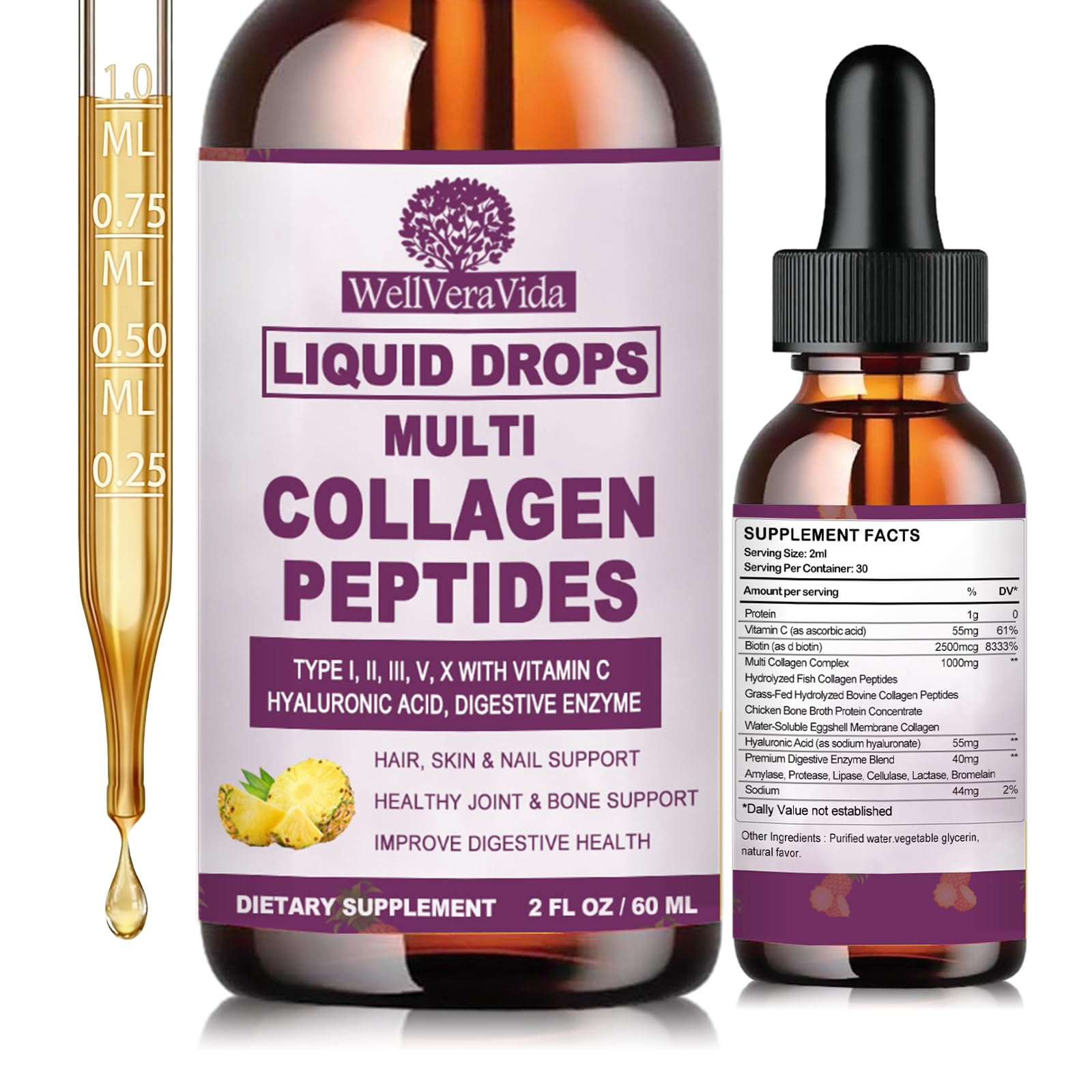 Multi Collagen Peptides Liquid Drops, 2oz – Types I, II, III, V, X, Hydrolyzed Collagen Complex for Hair, Skin, Nails, Bones & Joint Support | Collagen Supplement w. Hyaluronic Acid, Biotin, Vitamin C - dailyvitalstore