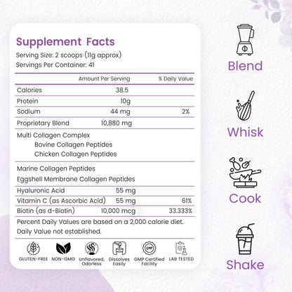 Multi Collagen Peptides Powder, 1 Pounds collagen powder- Type I,II,III,V,X with Biotin 10000mcg, Hyaluronic acid powder, Vitamin C - Unflavored Collagen Protein Powder - dailyvitalstore
