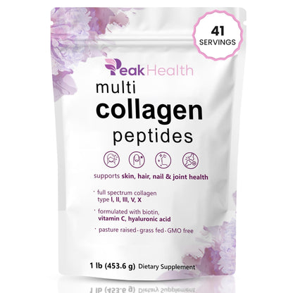 Multi Collagen Peptides Powder, 1 Pounds collagen powder- Type I,II,III,V,X with Biotin 10000mcg, Hyaluronic acid powder, Vitamin C - Unflavored Collagen Protein Powder - dailyvitalstore