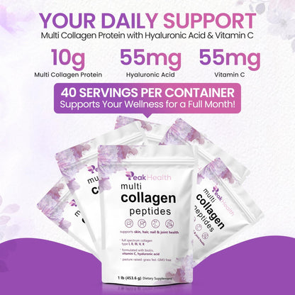 Multi Collagen Peptides Powder, 1 Pounds collagen powder- Type I,II,III,V,X with Biotin 10000mcg, Hyaluronic acid powder, Vitamin C - Unflavored Collagen Protein Powder - dailyvitalstore