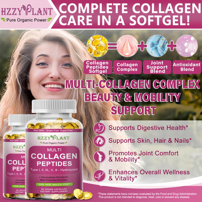 Multi Collagen Peptides Softgel - Type I, II, III, V, X - Hydrolyzed Collagen Peptides with Biotin Vitamin C Hyaluronic Acid for Women & Men, Supports Skin Hair Nail & Joint, Non-GMO, 60 Servings - dailyvitalstore