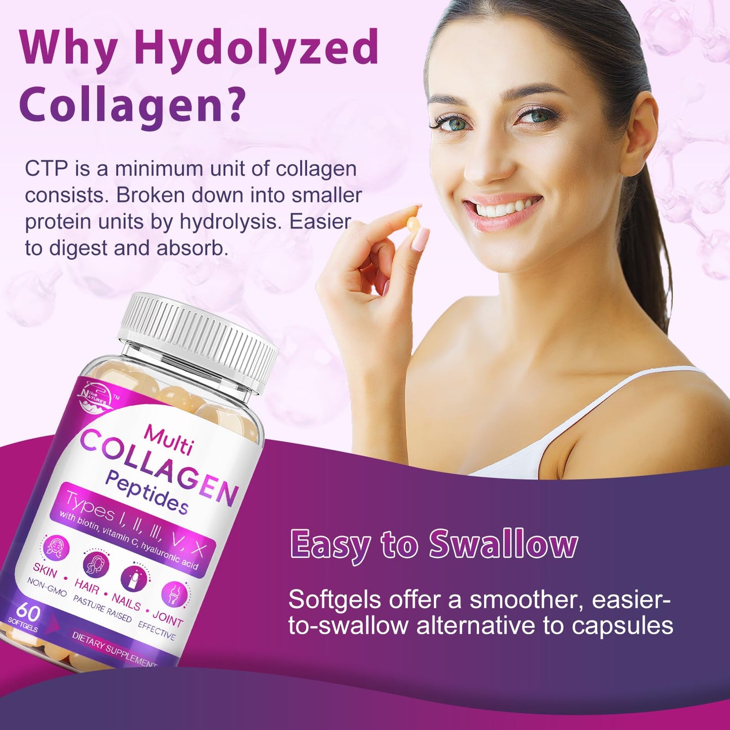 Multi Collagen Peptides Softgel - Type I, II, III, V, X - Hydrolyzed Collagen Peptides with Biotin, Vitamin C, Hyaluronic Acid, Supports Skin Hair Nail - dailyvitalstore