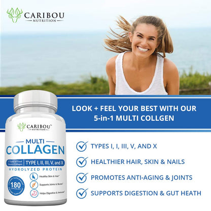 Multi Collagen Pills - 180 Collagen Pills - Type I, II, III, V & X Collagen Capsules - Unique Blend of Collagen Peptides Capsules - Wild Fish, Eggshell, - dailyvitalstore