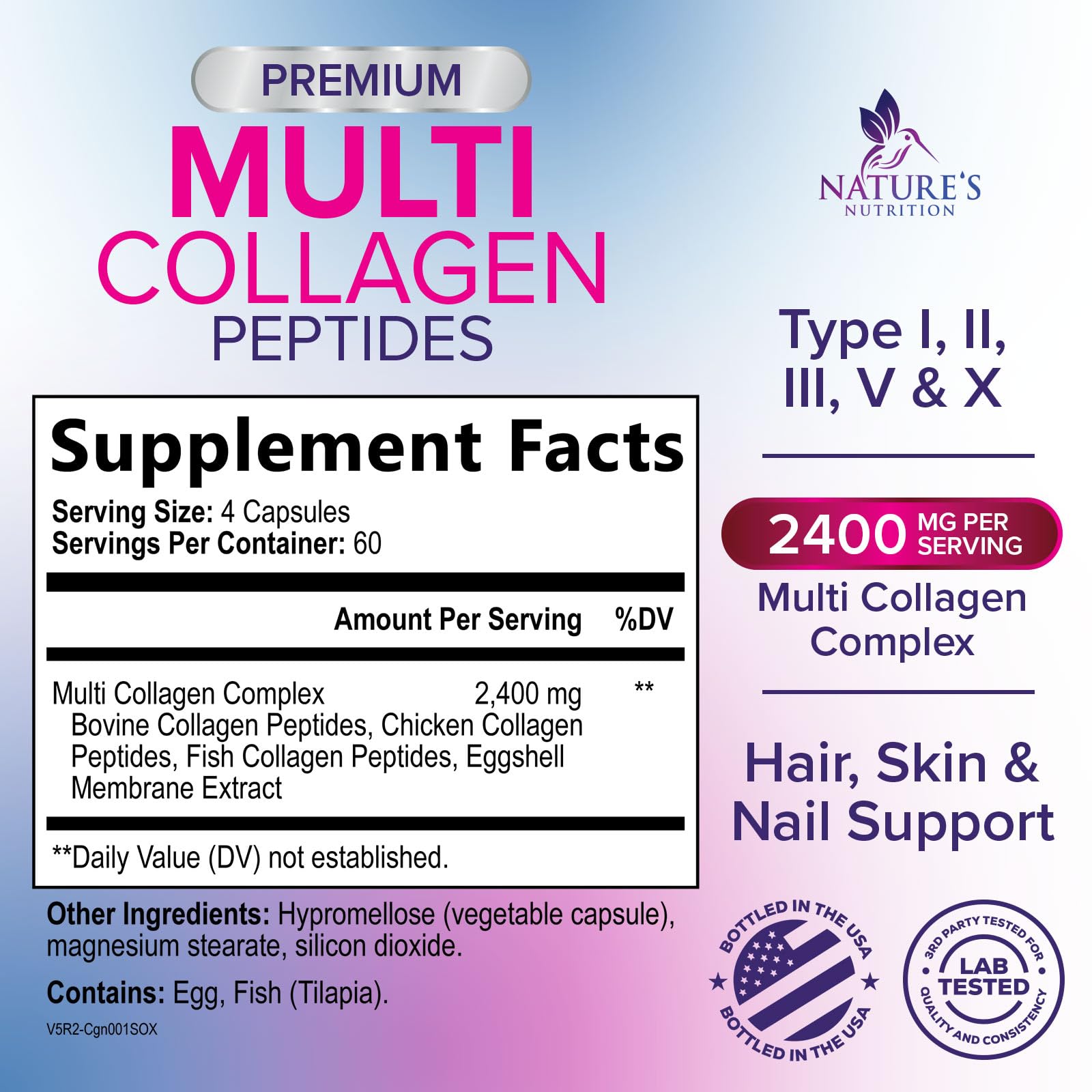Multi Collagen Pills - Multi Collagen Complex 2400 mg Per Serving - Types I, II, III, V, X - Hydrolyzed Collagen Peptides Supplement - Hair, Skin & Nail Support - dailyvitalstore