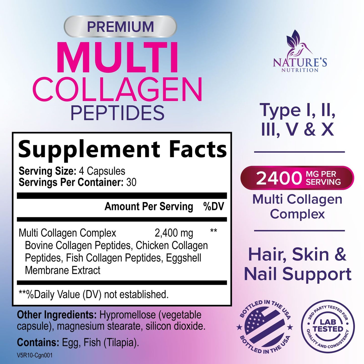 Multi Collagen Pills - Multi Collagen Complex 2400 mg Per Serving - Types I, II, III, V, X - Hydrolyzed Collagen Peptides Supplement - Hair, Skin & Nail Support - Bottled in the USA - 120 Capsules - dailyvitalstore