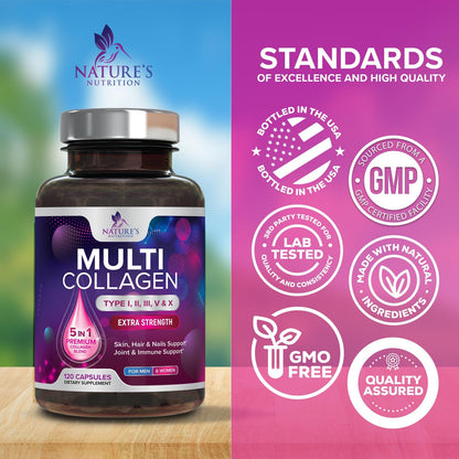 Multi Collagen Pills - Multi Collagen Complex 2400 mg Per Serving - Types I, II, III, V, X - Hydrolyzed Collagen Peptides Supplement - Hair, Skin & Nail Support - Bottled in the USA - 120 Capsules - dailyvitalstore
