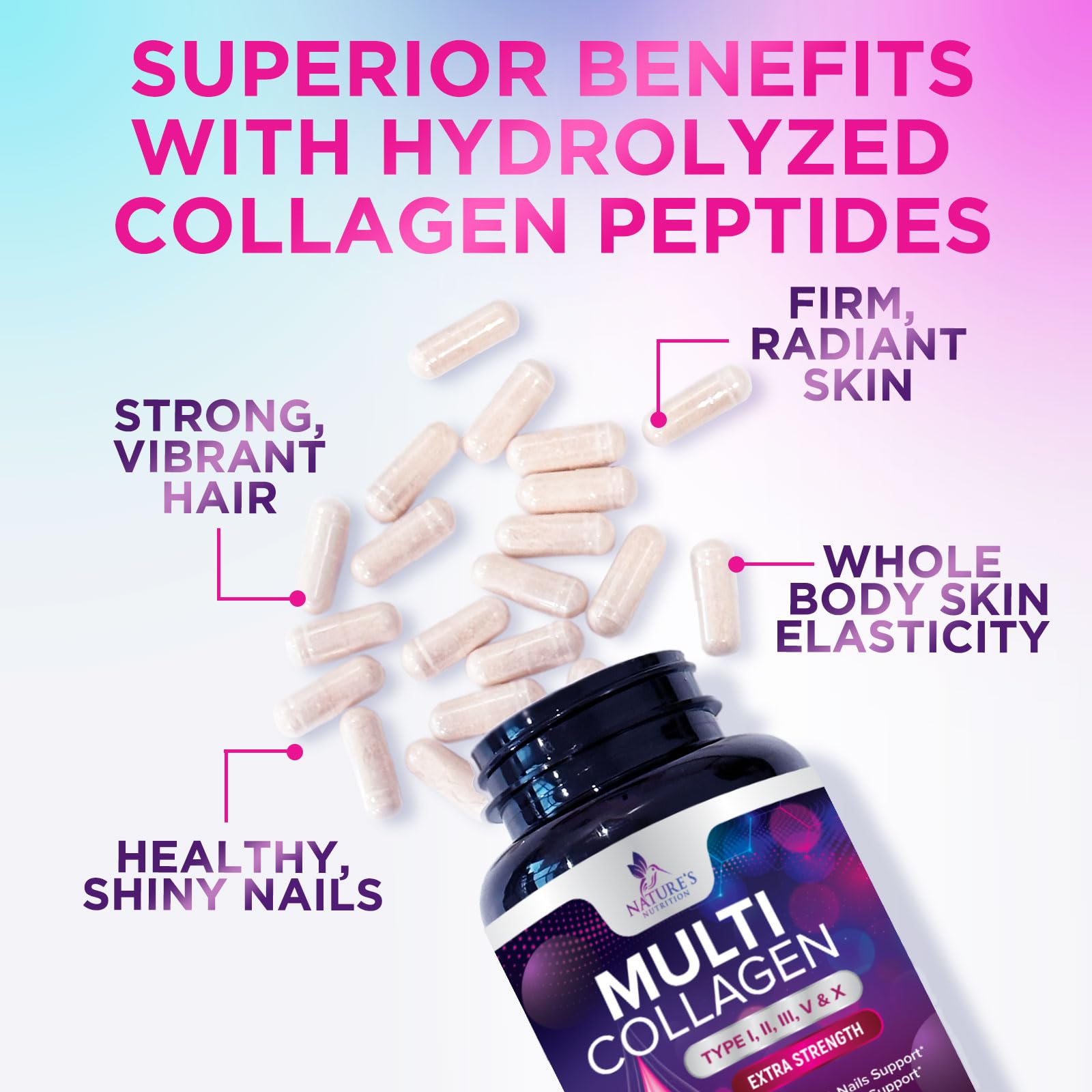 Multi Collagen Pills - Multi Collagen Complex 2400 mg Per Serving - Types I, II, III, V, X - Hydrolyzed Collagen Peptides Supplement - Hair, Skin & Nail Support - Bottled in the USA - 120 Capsules - dailyvitalstore