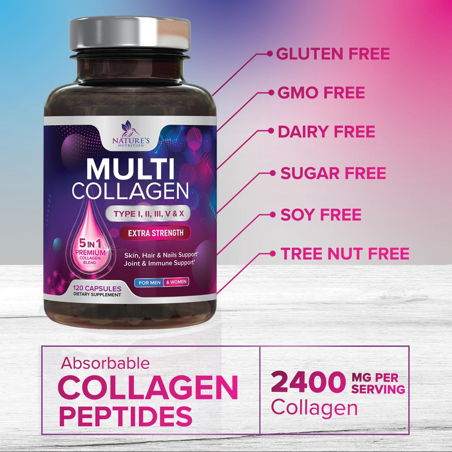 Multi Collagen Pills - Multi Collagen Complex 2400 mg Per Serving - Types I, II, III, V, X - Hydrolyzed Collagen Peptides Supplement - Hair, Skin & Nail Support - Bottled in the USA - 120 Capsules - dailyvitalstore