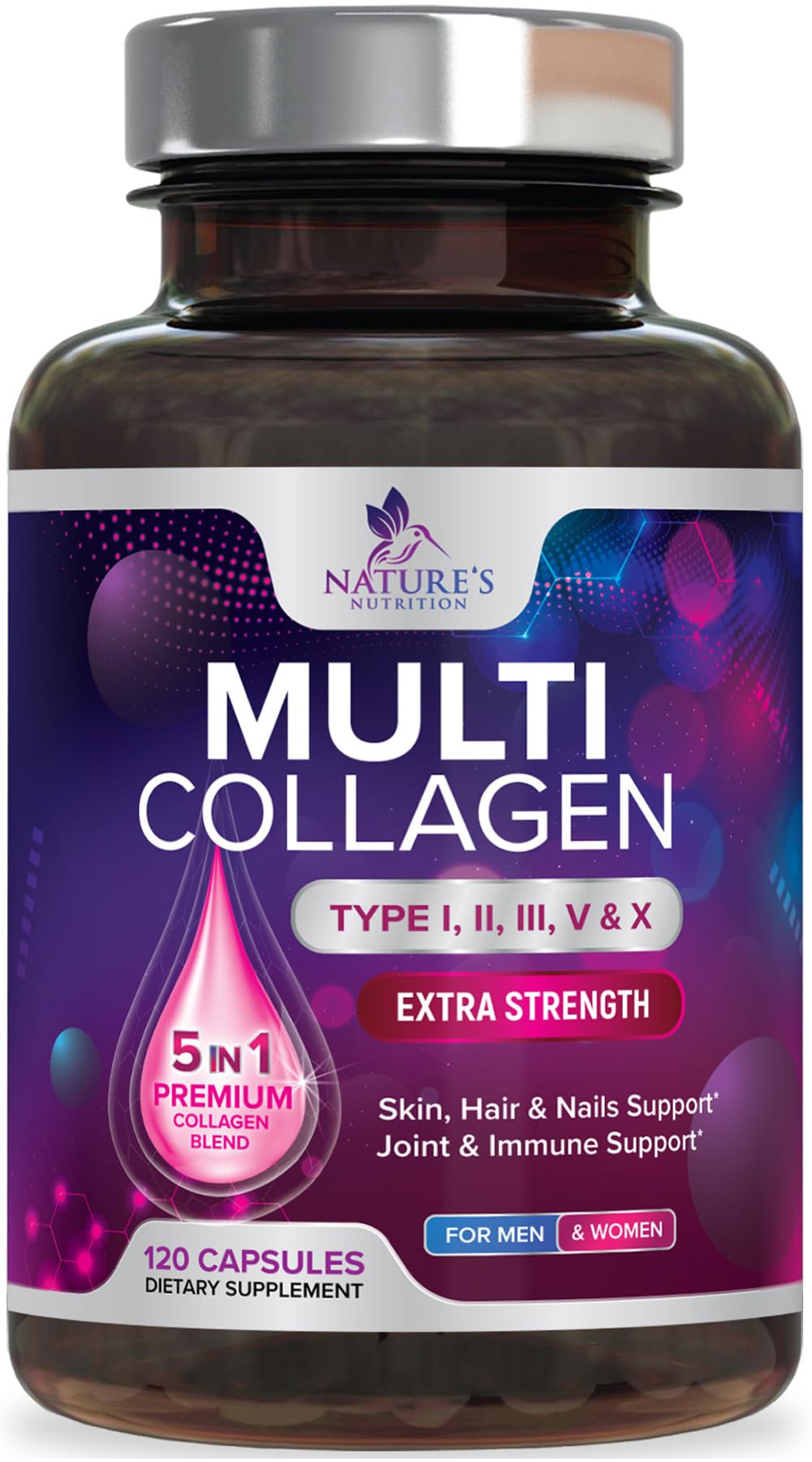 Multi Collagen Pills - Multi Collagen Complex 2400 mg Per Serving - Types I, II, III, V, X - Hydrolyzed Collagen Peptides Supplement - Hair, Skin & Nail Support - Bottled in the USA - 120 Capsules - dailyvitalstore
