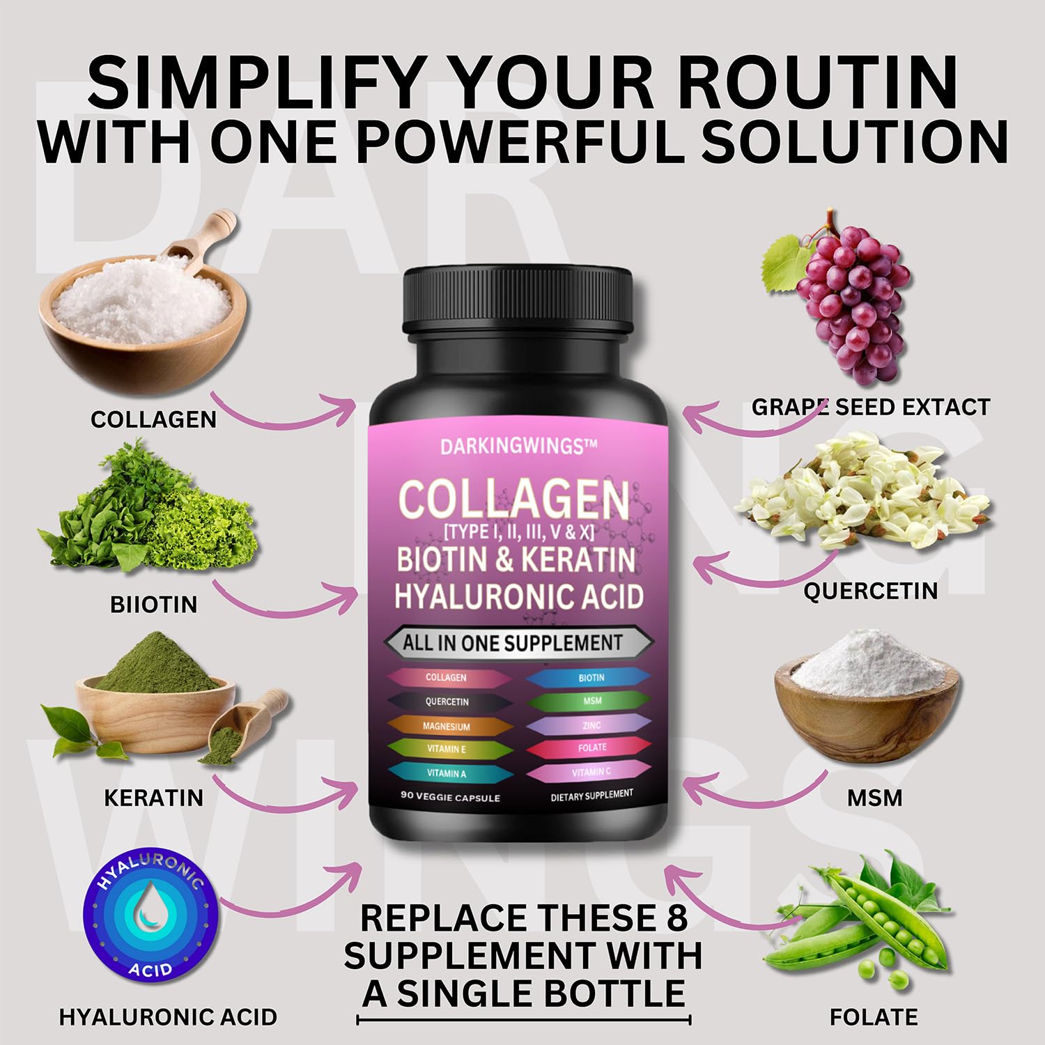 Multi Collagen Pills Peptides Types I, II, III, V & X MCG Biotin Keratin Hyaluronic Acid MSM Vitamin C Zinc Magnesium with Grape Seed Extract, Quercetin - Hair Skin and Nails Vitamins Capsule - dailyvitalstore