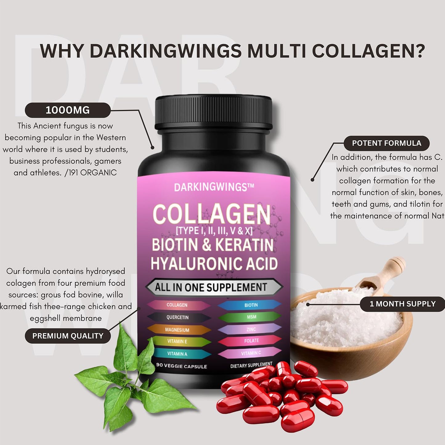 Multi Collagen Pills Peptides Types I, II, III, V & X MCG Biotin Keratin Hyaluronic Acid MSM Vitamin C Zinc Magnesium with Grape Seed Extract, Quercetin - Hair Skin and Nails Vitamins Capsule - dailyvitalstore