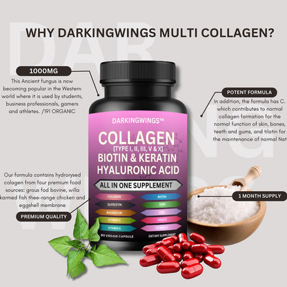 Multi Collagen Pills Peptides Types I, II, III, V & X MCG Biotin Keratin Hyaluronic Acid MSM Vitamin C Zinc Magnesium with Grape Seed Extract, Quercetin - Hair Skin and Nails Vitamins Capsule - dailyvitalstore