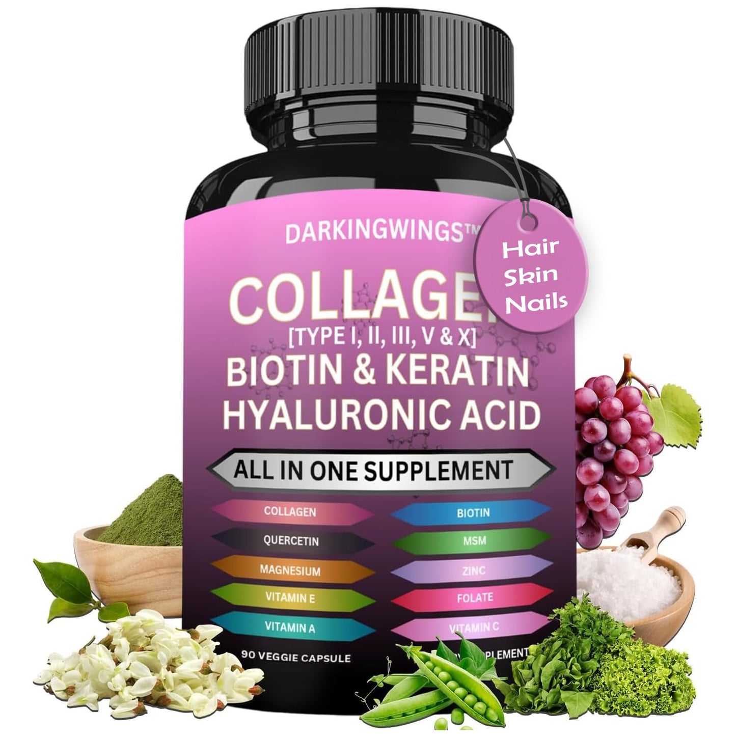 Multi Collagen Pills Peptides Types I, II, III, V & X MCG Biotin Keratin Hyaluronic Acid MSM Vitamin C Zinc Magnesium with Grape Seed Extract, Quercetin - Hair Skin and Nails Vitamins Capsule - dailyvitalstore