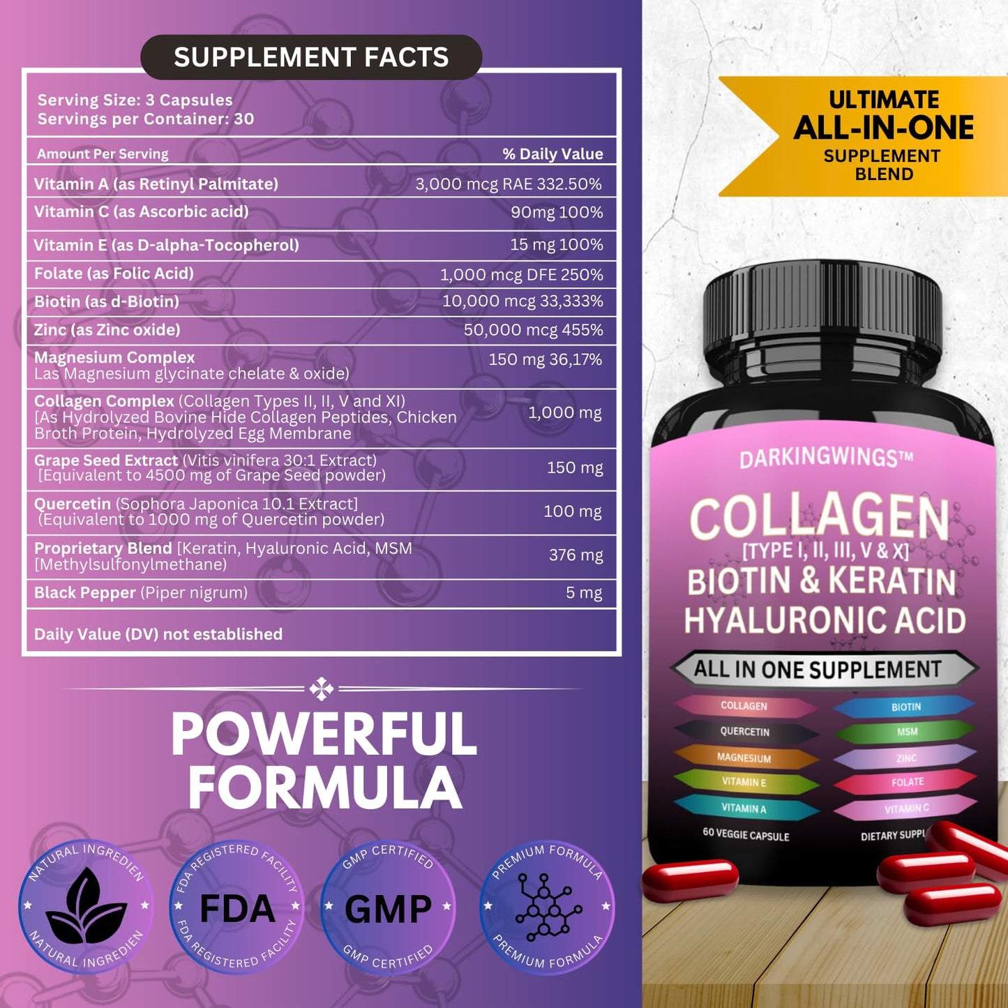 Multi Collagen Pills Peptides Types I, II, III, V & X MCG Biotin Keratin Hyaluronic Acid MSM Vitamin C Zinc Magnesium with Grape Seed Extract, Quercetin - Hair Skin and Nails Vitamins Capsule - dailyvitalstore