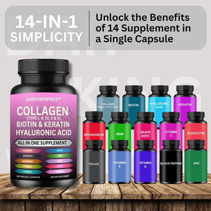 Multi Collagen Pills Peptides Types I, II, III, V & X MCG Biotin Keratin Hyaluronic Acid MSM Vitamin C Zinc Magnesium with Grape Seed Extract, Quercetin - Hair Skin and Nails Vitamins Capsule - dailyvitalstore