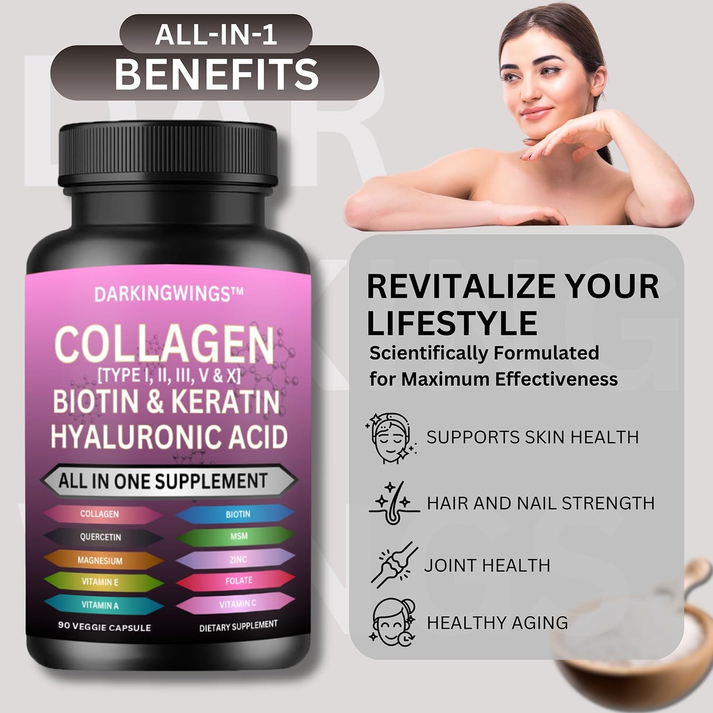 Multi Collagen Pills Peptides Types I, II, III, V & X MCG Biotin Keratin Hyaluronic Acid MSM Vitamin C Zinc Magnesium with Grape Seed Extract, Quercetin - Hair Skin and Nails Vitamins Capsule - dailyvitalstore