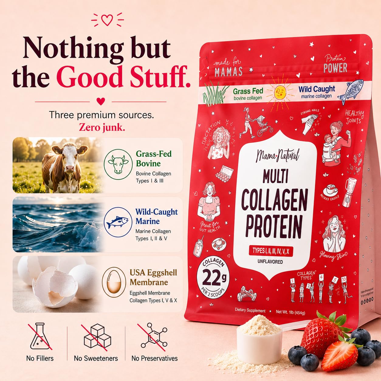 Multi Collagen Protein Powder Type I II III IV V X - Unflavored & Hydrolyzed 16Oz Pure Collagen Peptides Powder - Grass Fed Beef, Wild Fish Marine - dailyvitalstore