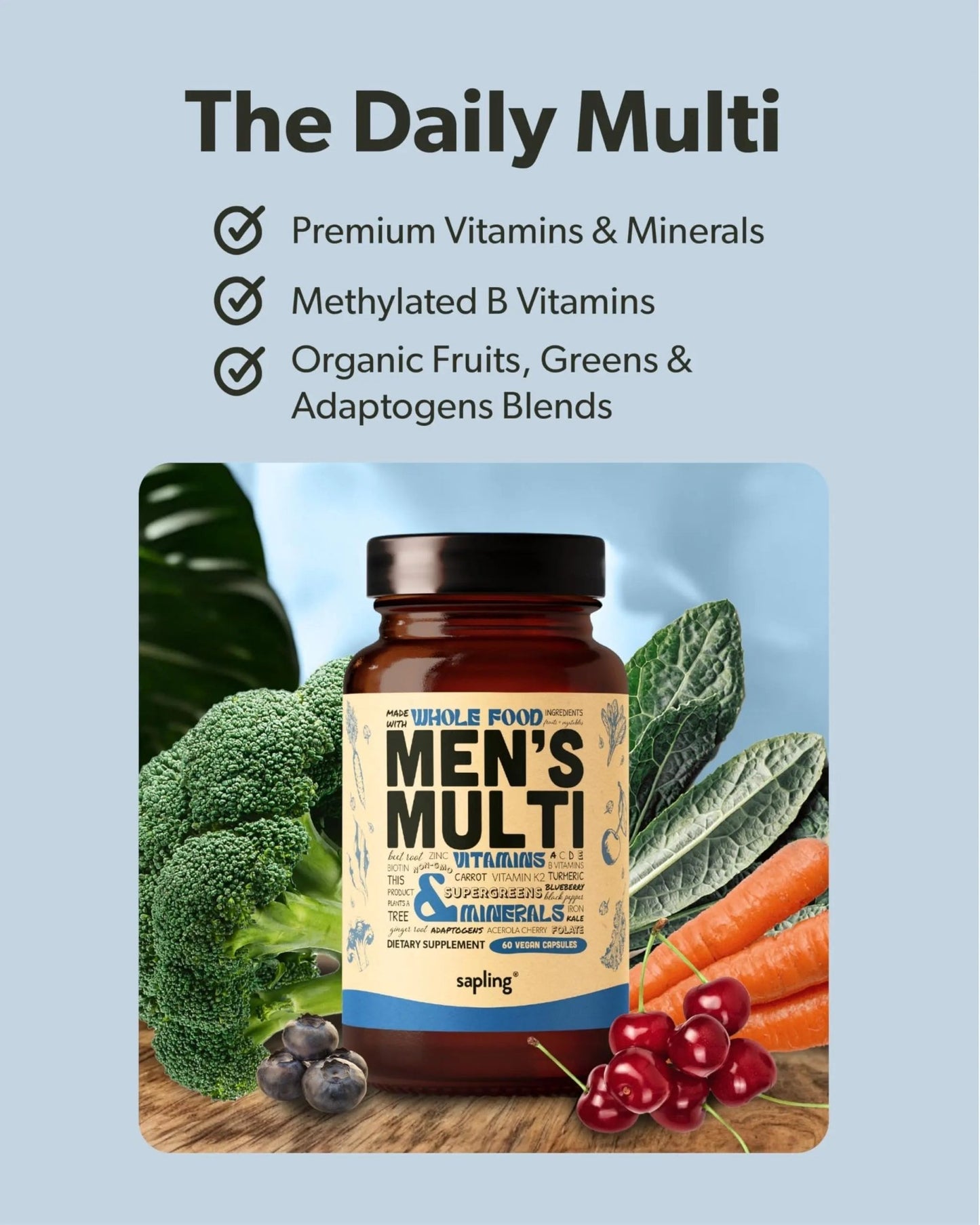 Multivitamin for Men - Daily Men’s Multivitamin - Methylated B Complex with Whole Food Ingredients, Vitamin B12, Folate - dailyvitalstore