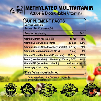 Multivitamin for Women & Men, Methylated Multivitamins & Multiminerals liquid Drops with Methylfolate B12 B2 Vitamin C E D3 K2 - dailyvitalstore