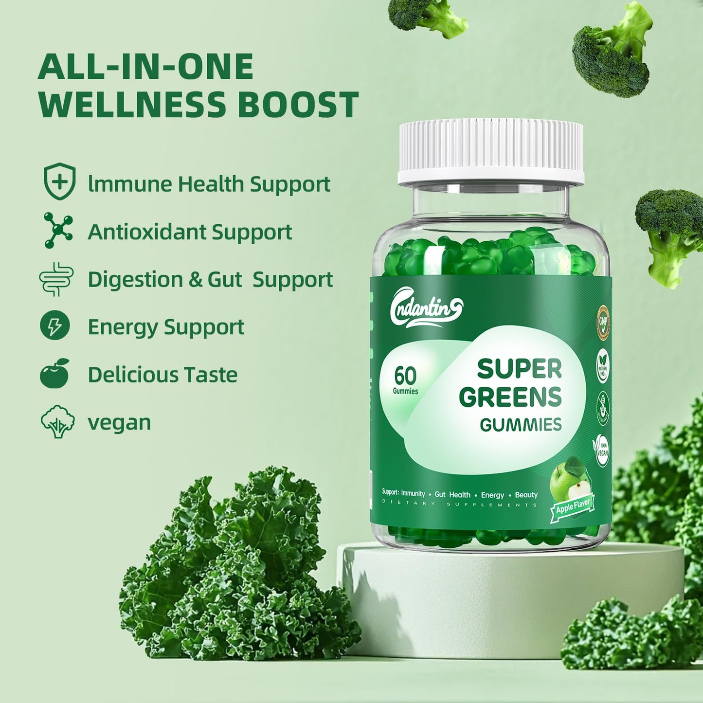Multivitamin Super Greens Gummies - Daily Vegan Gummy Vitamins for Women, Apple Flavor | Organic Blend with Vitamin C, Turmeric, Zinc, Immune Support, Energy Booster, Metabolism | 60 Count - dailyvitalstore