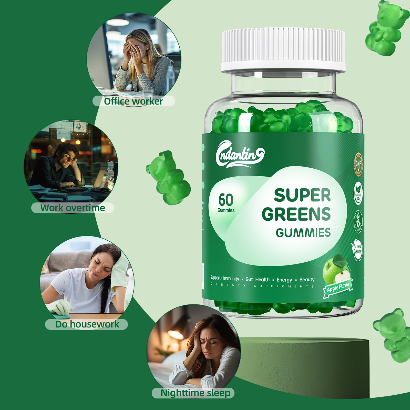 Multivitamin Super Greens Gummies - Daily Vegan Gummy Vitamins for Women, Apple Flavor | Organic Blend with Vitamin C, Turmeric, Zinc, Immune Support, Energy Booster, Metabolism | 60 Count - dailyvitalstore