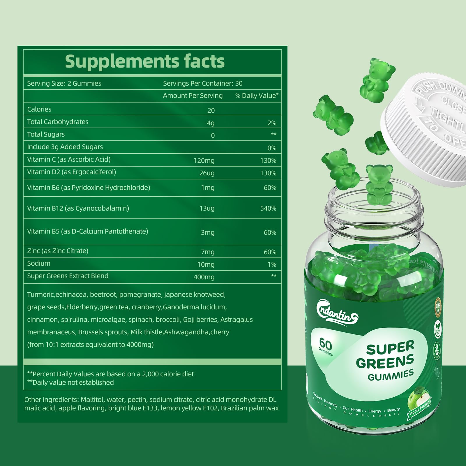 Multivitamin Super Greens Gummies - Daily Vegan Gummy Vitamins for Women, Apple Flavor | Organic Blend with Vitamin C, Turmeric, Zinc, Immune Support, Energy Booster, Metabolism | 60 Count - dailyvitalstore