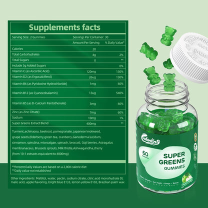 Multivitamin Super Greens Gummies - Daily Vegan Gummy Vitamins for Women, Apple Flavor | Organic Blend with Vitamin C, Turmeric, Zinc, Immune Support, Energy Booster, Metabolism | 60 Count - dailyvitalstore