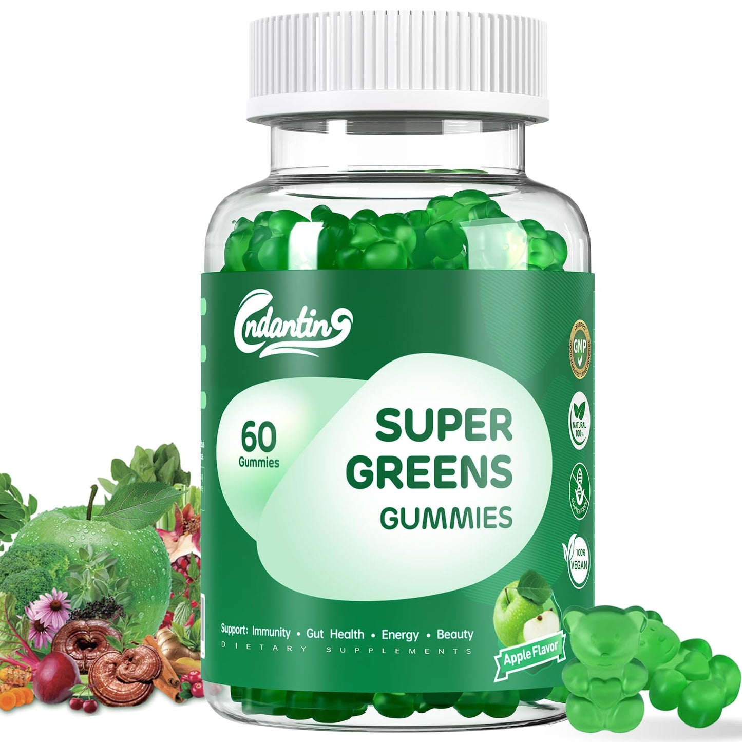 Multivitamin Super Greens Gummies - Daily Vegan Gummy Vitamins for Women, Apple Flavor | Organic Blend with Vitamin C, Turmeric, Zinc, Immune Support, Energy Booster, Metabolism | 60 Count - dailyvitalstore