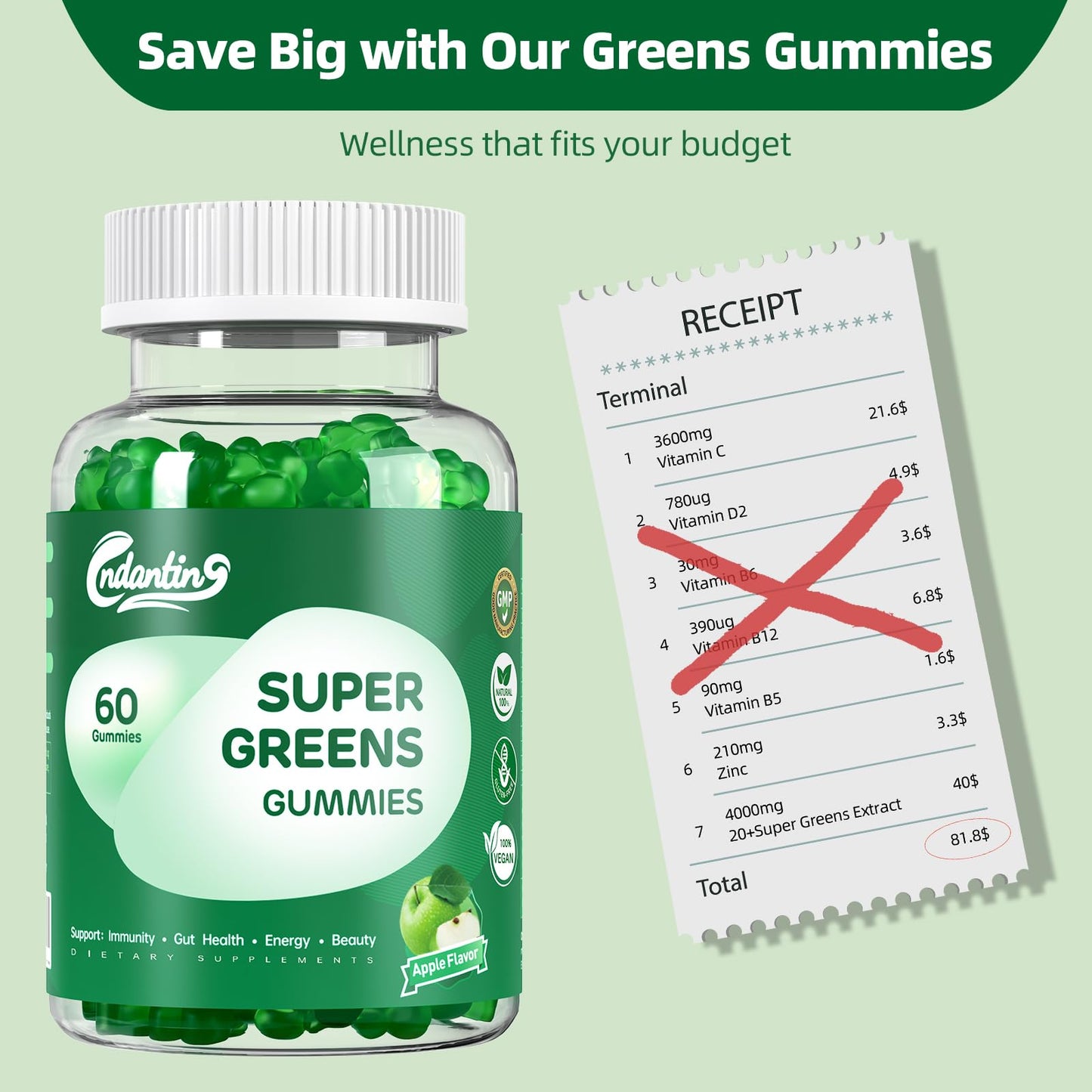 Multivitamin Super Greens Gummies - Daily Vegan Gummy Vitamins for Women, Apple Flavor | Organic Blend with Vitamin C, Turmeric, Zinc, Immune Support, Energy Booster, Metabolism | 60 Count - dailyvitalstore