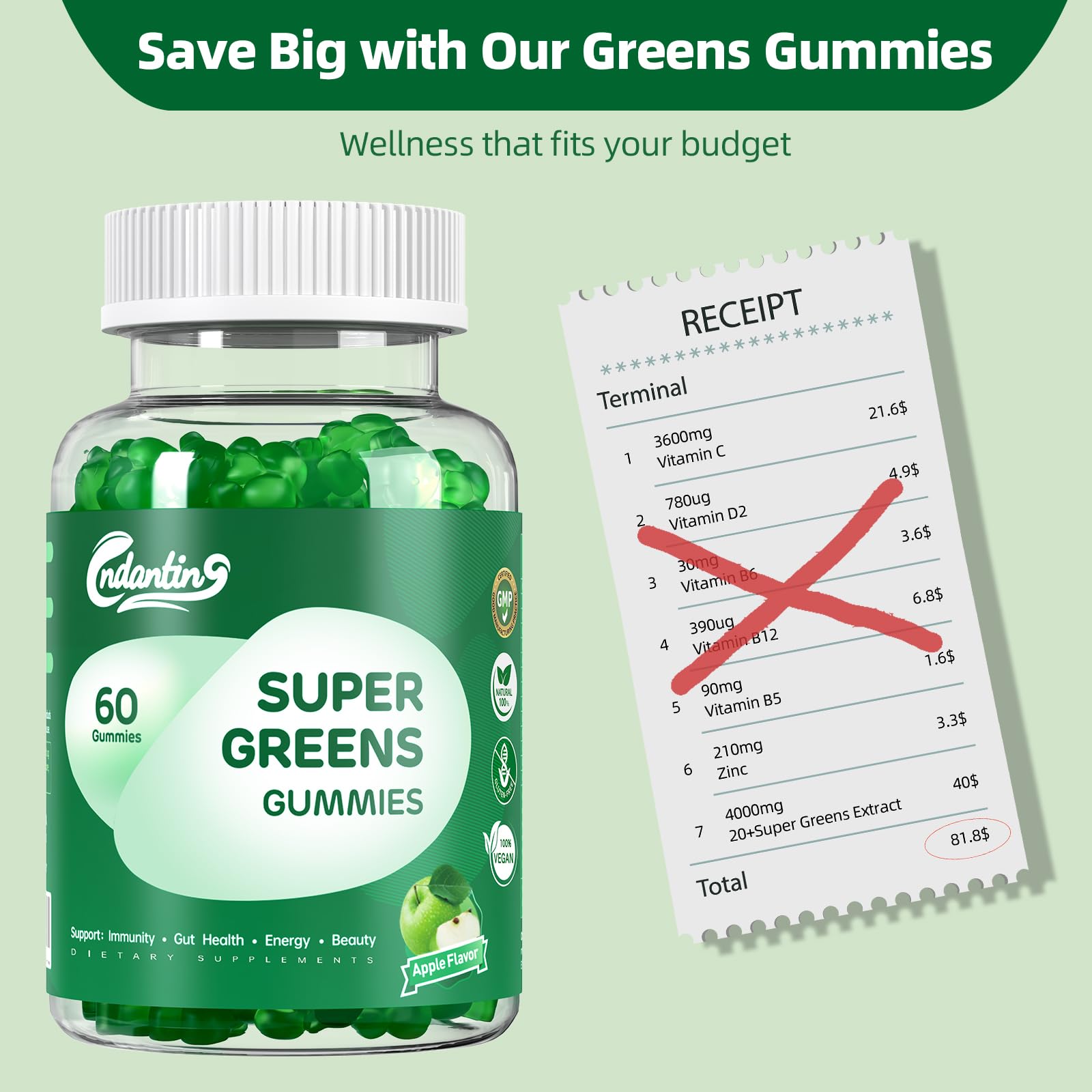Multivitamin Super Greens Gummies - Daily Vegan Gummy Vitamins for Women, Apple Flavor | Organic Blend with Vitamin C, Turmeric, Zinc, Immune Support, Energy Booster, Metabolism | 60 Count - dailyvitalstore
