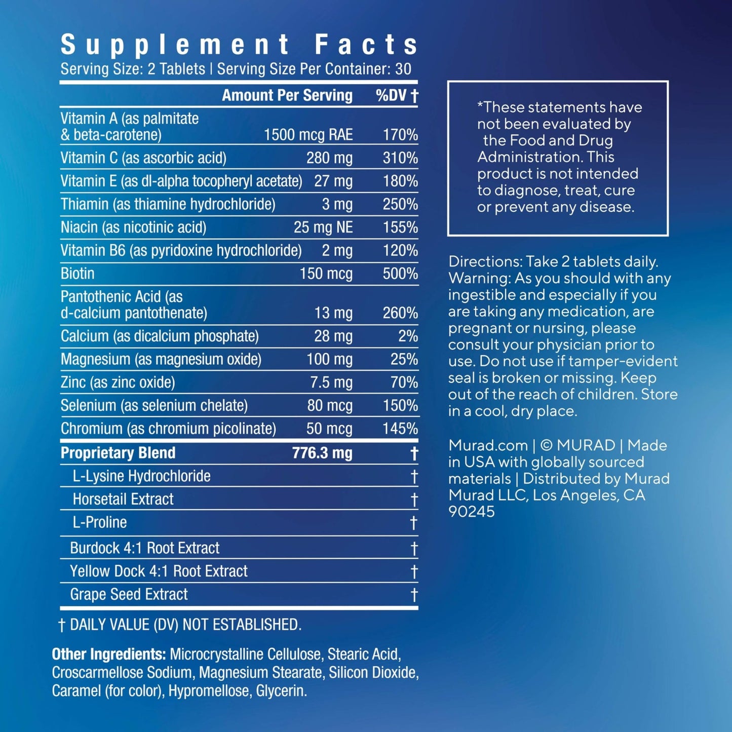 Murad Pure Skin Acne Supplements – 60 Tablets – Clear Skin Support with Blend of Vitamin A & B6, Zinc, Amino Acids, & Burdock Root – Promotes Healthy Skin, Oil Balance, Gut Health & Stress Relief - dailyvitalstore