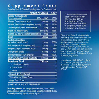 Murad Pure Skin Acne Supplements – 60 Tablets – Clear Skin Support with Blend of Vitamin A & B6, Zinc, Amino Acids, & Burdock Root – Promotes Healthy Skin, Oil Balance, Gut Health & Stress Relief - dailyvitalstore