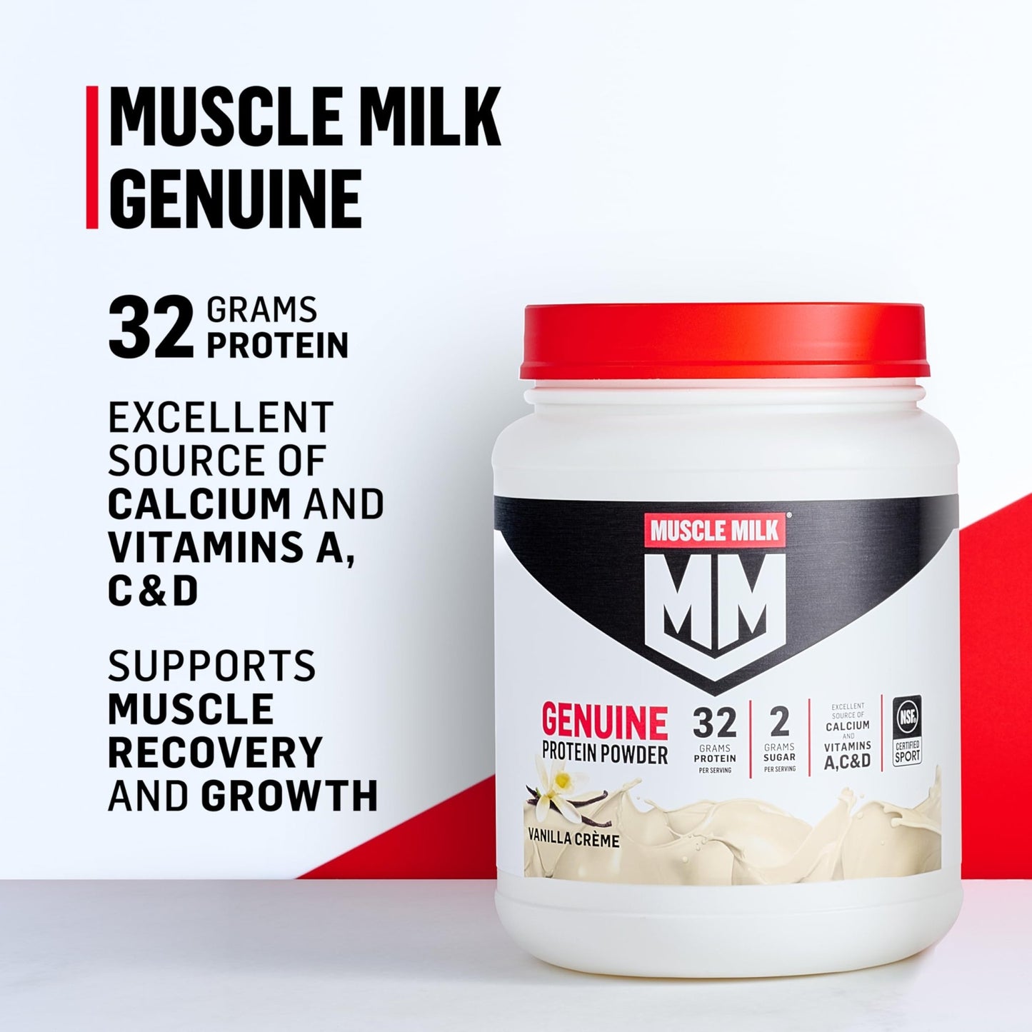 Muscle Milk Genuine Protein Powder, Vanilla Crème, 1.93 Pounds, 12 Servings, 32g Protein, 2g Sugar, Calcium, Vitamins A, C & D, NSF Certified for Sport, Energizing Snack, Packaging May Vary - dailyvitalstore