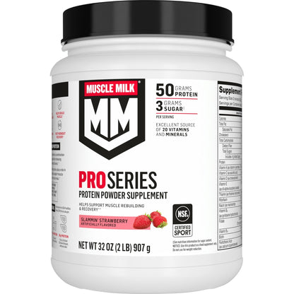 Muscle Milk Pro Series Protein Powder Supplement, Slammin' Strawberry, 2 Pound, 11 Servings, 50g Protein, 3g Sugar, 20 Vitamins & Minerals, NSF Certified for Sport, Packaging May Vary - dailyvitalstore