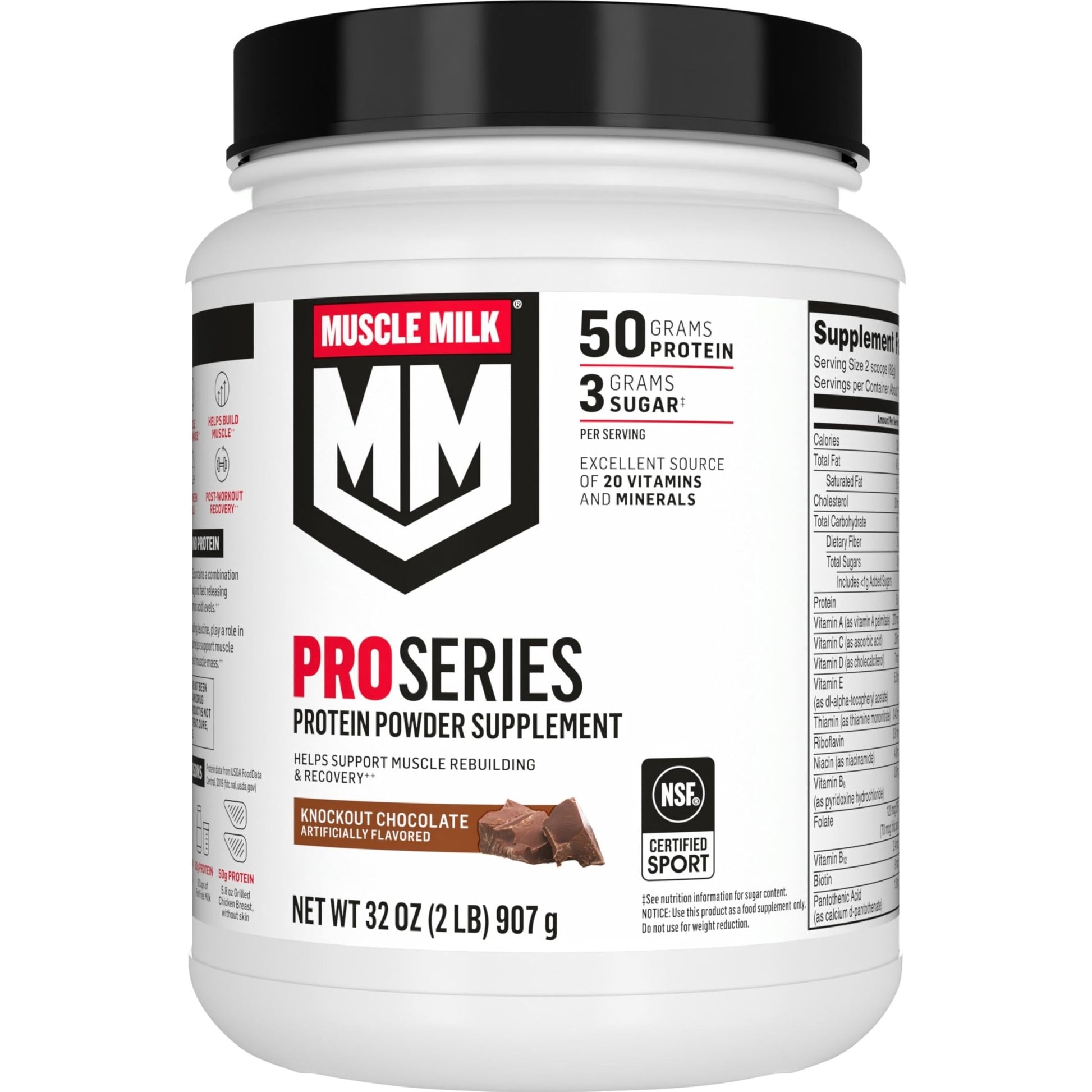 Muscle Milk Pro Series Protein Powder Supplement,Knockout Chocolate,2 Pound,11 Servings,50g Protein,3g Sugar,20 Vitamins & Minerals,NSF Certified for Sport,Workout Recovery,Packaging May Vary - dailyvitalstore