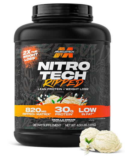 Muscletech Whey Protein Powder (Vanilla Cream, 4LB) - Nitro-Tech Ripped Whey Protein Isolate & Peptides Smoothie Mix for Lean Muscle & Fast Recovery - 30g of Whey Protein for Women & Men - dailyvitalstore