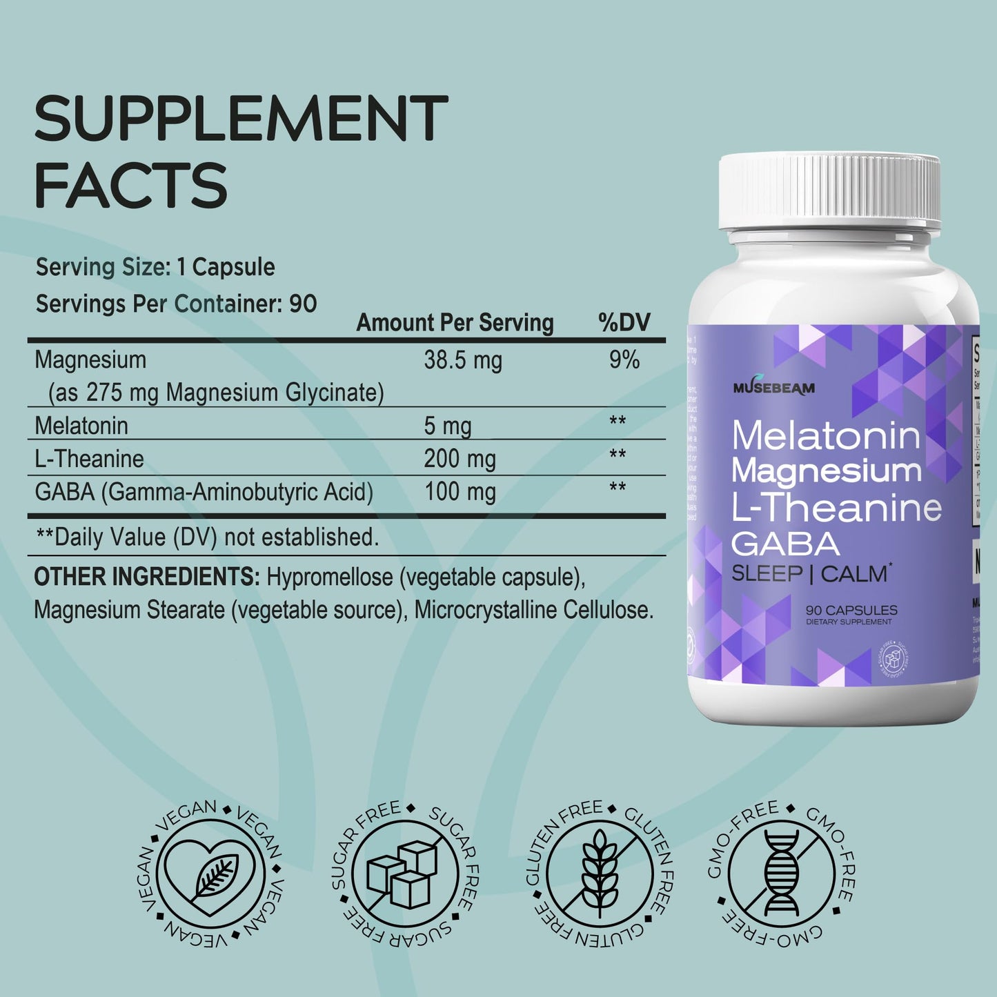 MuseBeam Magnesium Glycinate 275mg Melatonin 5mg L-Theanine 200mg GABA 100mg Capsules - Full Rest Nighttime Bedtime Support Supplement for Men Women - Vegan Sugar-Free Gluten-Free - dailyvitalstore