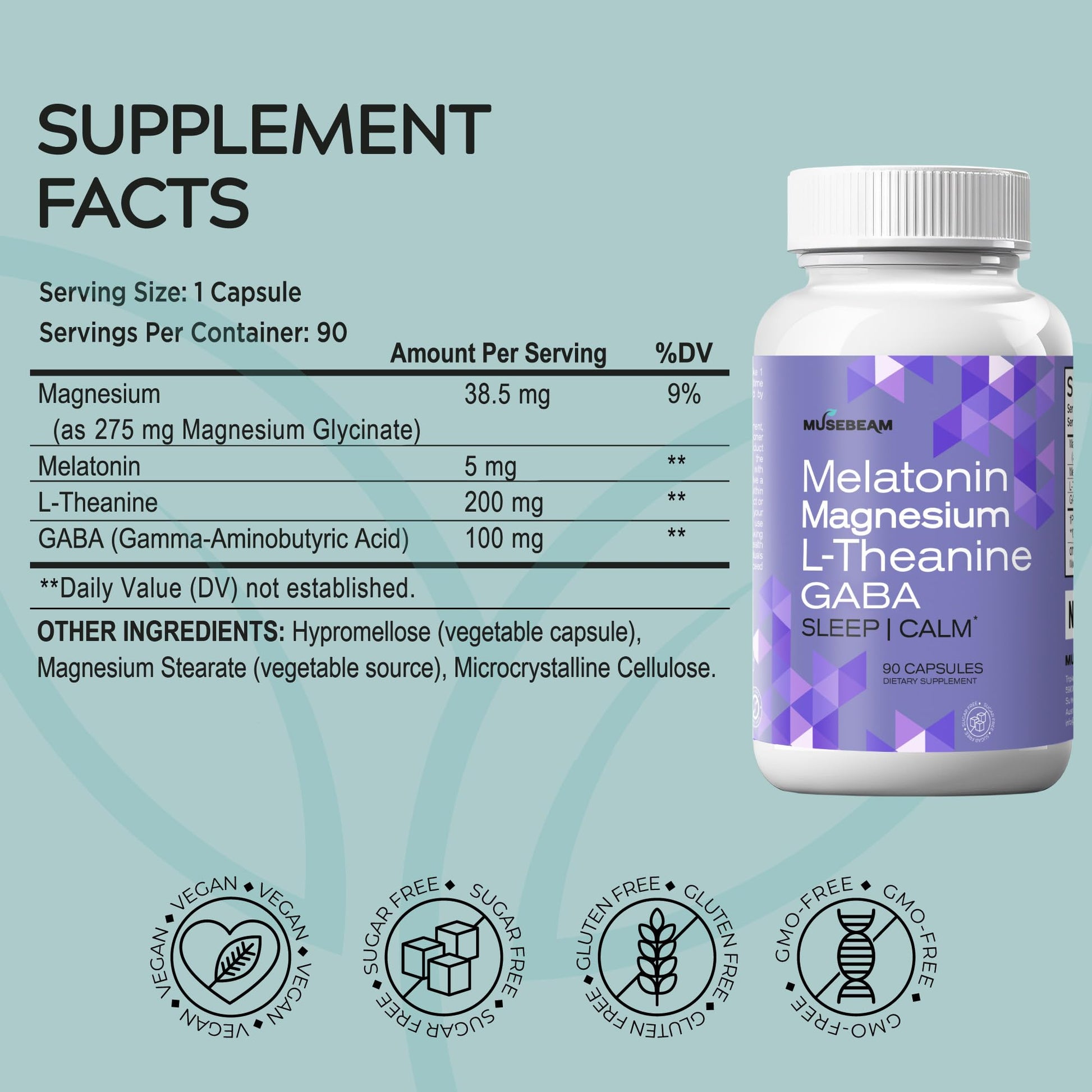 MuseBeam Magnesium Glycinate 275mg Melatonin 5mg L-Theanine 200mg GABA 100mg Capsules - Full Rest Nighttime Bedtime Support Supplement for Men Women - Vegan Sugar-Free Gluten-Free - dailyvitalstore