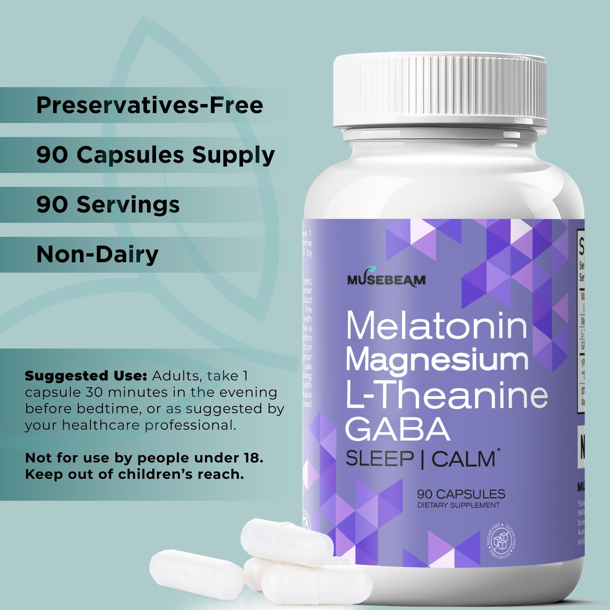 MuseBeam Magnesium Glycinate 275mg Melatonin 5mg L-Theanine 200mg GABA 100mg Capsules - Full Rest Nighttime Bedtime Support Supplement for Men Women - Vegan Sugar-Free Gluten-Free - dailyvitalstore