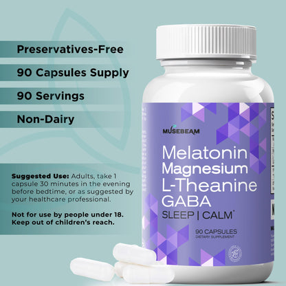 MuseBeam Magnesium Glycinate 275mg Melatonin 5mg L-Theanine 200mg GABA 100mg Capsules - Full Rest Nighttime Bedtime Support Supplement for Men Women - Vegan Sugar-Free Gluten-Free - dailyvitalstore