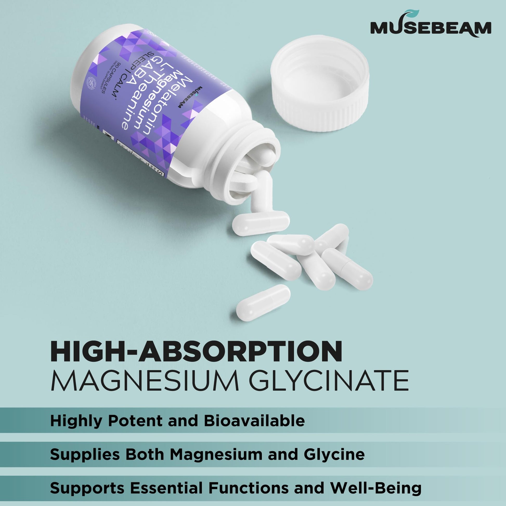 MuseBeam Magnesium Glycinate 275mg Melatonin 5mg L-Theanine 200mg GABA 100mg Capsules - Full Rest Nighttime Bedtime Support Supplement for Men Women - Vegan Sugar-Free Gluten-Free - dailyvitalstore