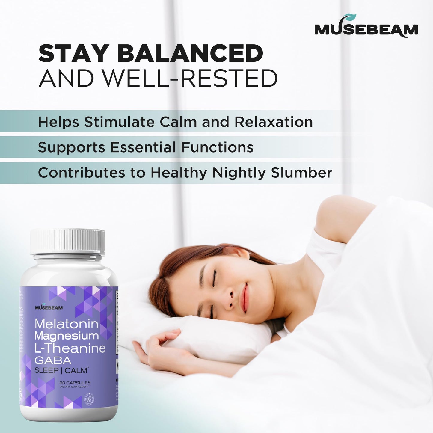 MuseBeam Magnesium Glycinate 275mg Melatonin 5mg L-Theanine 200mg GABA 100mg Capsules - Full Rest Nighttime Bedtime Support Supplement for Men Women - Vegan Sugar-Free Gluten-Free - dailyvitalstore